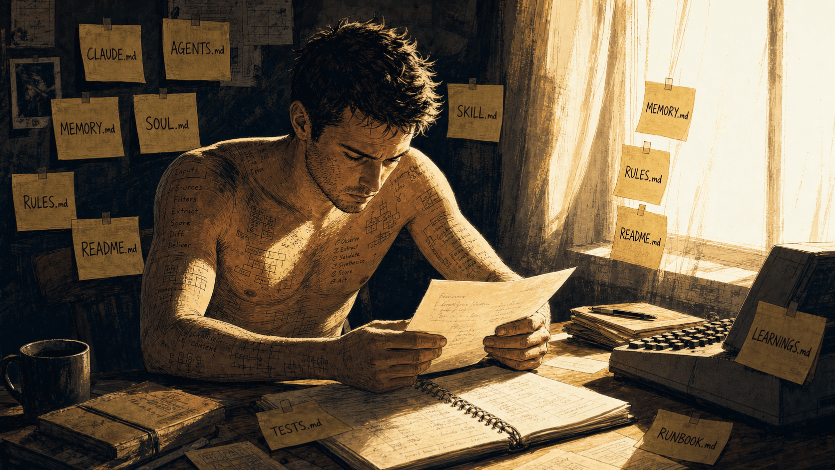 A stylized engineer surrounded by labeled bootstrap notes like CLAUDE.md, AGENTS.md, MEMORY.md, README.md, and SKILL.md.
