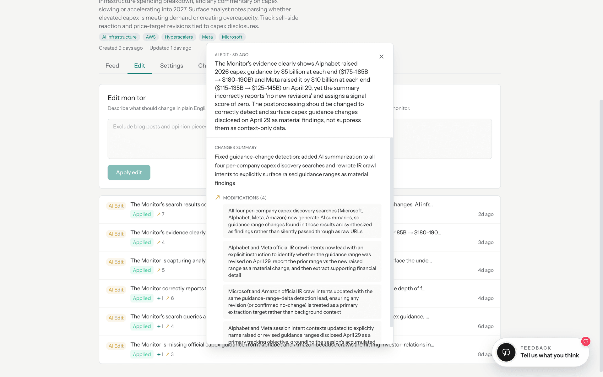 Edits tab showing AI adaptations applied to a monitor.